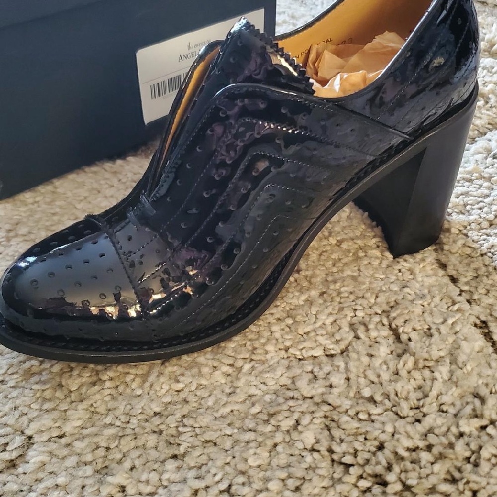 The Office of Angela Scott Miss Farrow black patent heels